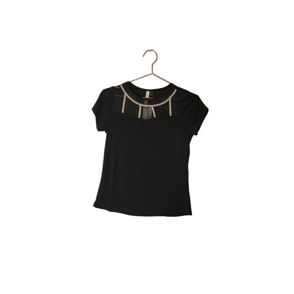 NY Collection Black Rhinestone Embellished Sheer Panel Top - Picture 1 of 6